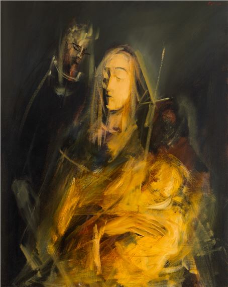 A dramatic religious painting featuring a central figure holding a child, surrounded by shadowy figures in a dark, expressive style.