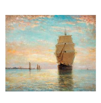 A serene seascape painting featuring a large sailing ship against a soft, colorful sky.