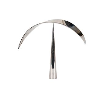A sleek, modern sculpture featuring a polished metallic cone base supporting a curved crescent shape.