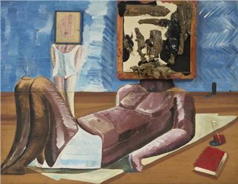 A surreal painting of a reclining figure with a headless torso, resting on a wooden floor against a blue wall.