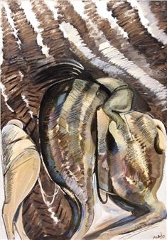 A close-up of a striped fish resting on a textured surface.