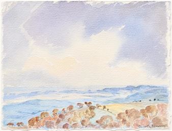 A watercolor landscape of rolling hills under a soft, expansive sky.