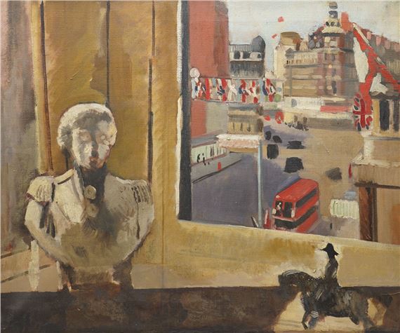 A window view capturing a bust, a red bus, and a black dog against an urban backdrop.
