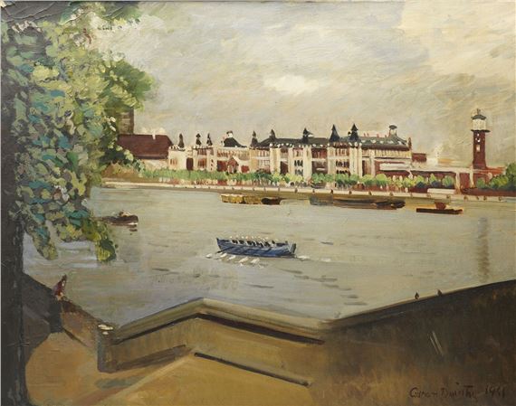 A river scene with a large building and boats under an overcast sky.