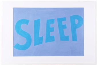 A minimalist graphic print featuring the word 'SLEEP' in bold blue letters against a lighter blue background.