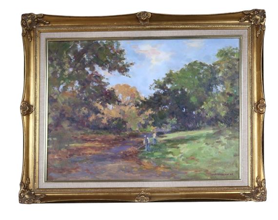 A framed landscape painting of a sunlit park with two figures walking on a path.