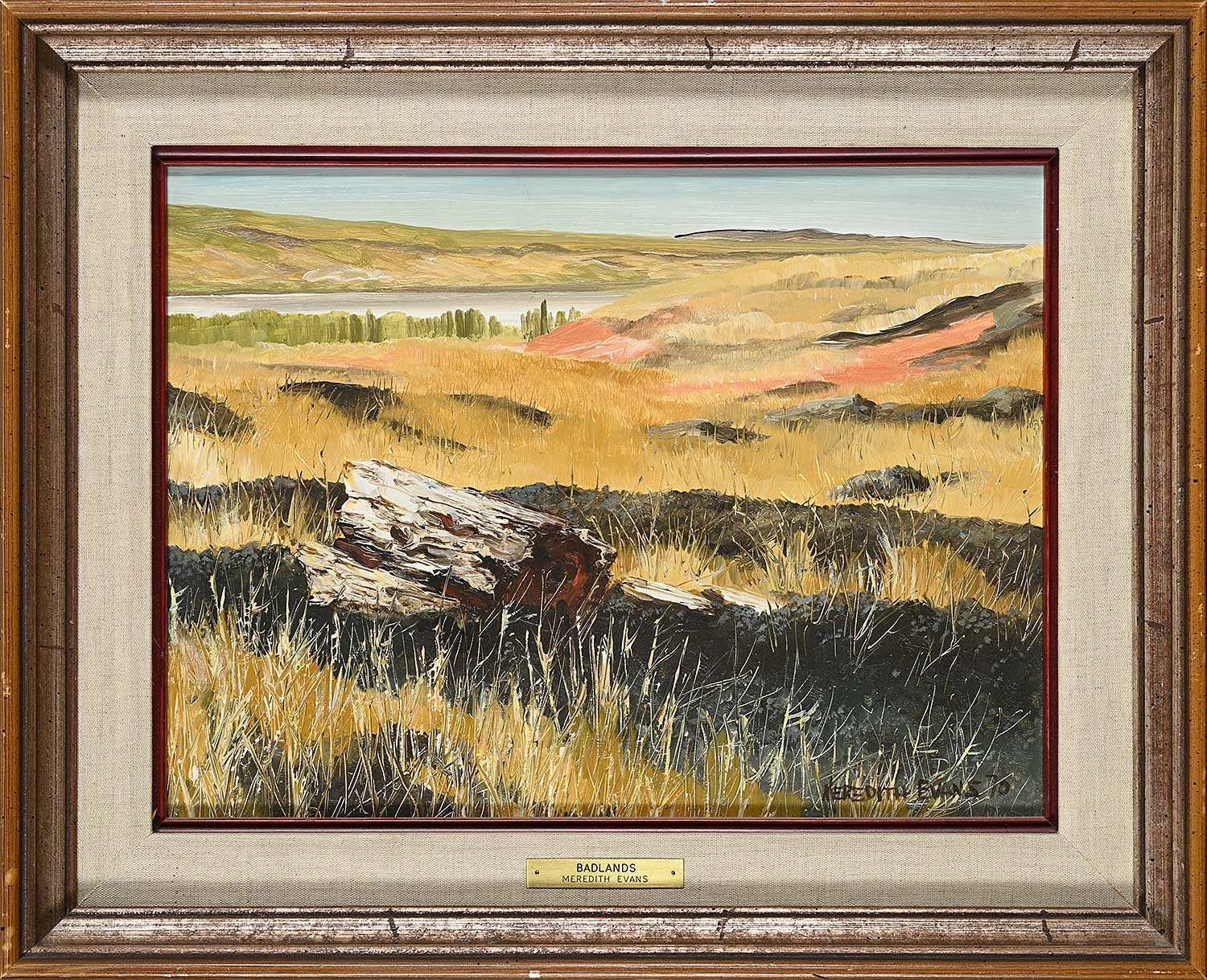 A landscape painting of a dry, grassy field with a fallen log in the foreground and distant hills under a pale sky.