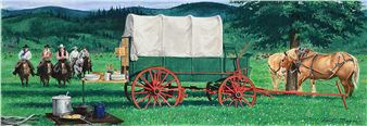A pastoral scene featuring a covered wagon and four riders in a green landscape.