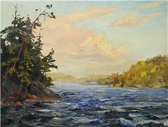 A serene landscape painting of a river flowing between tree-lined banks under a soft, cloudy sky.