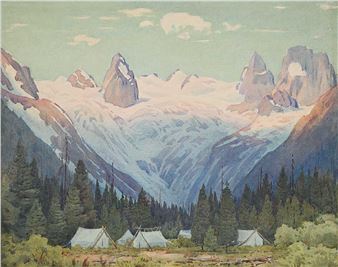 A serene landscape painting of a mountain valley with tents nestled among pine trees.