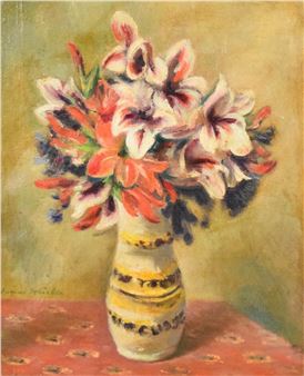 A still life of a colorful bouquet in a striped vase on a patterned surface.