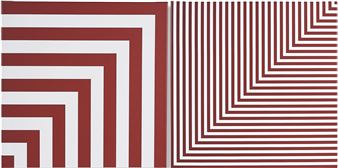 A diptych of geometric optical illusions featuring red and white concentric lines.