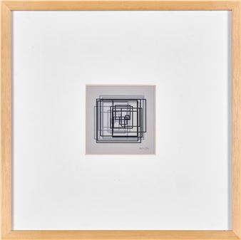 A minimalist geometric artwork featuring nested squares in a light wood frame.