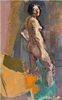 A loose, expressive painting of a nude figure standing in profile against an abstract background.