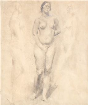 A monochromatic study of a standing nude figure with faint background shapes.