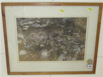A framed watercolor painting of a pond with lily pads and reeds.