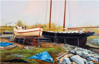 A serene maritime scene featuring two boats resting on a grassy shore under soft, diffused light.