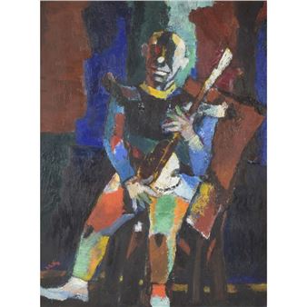 A vibrant, expressionist portrait of a seated figure holding a stringed instrument against a bold, abstract background.