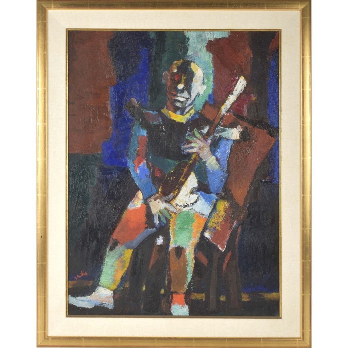 A vibrant, expressionist portrait of a seated figure holding a stringed instrument against a bold, abstract background.