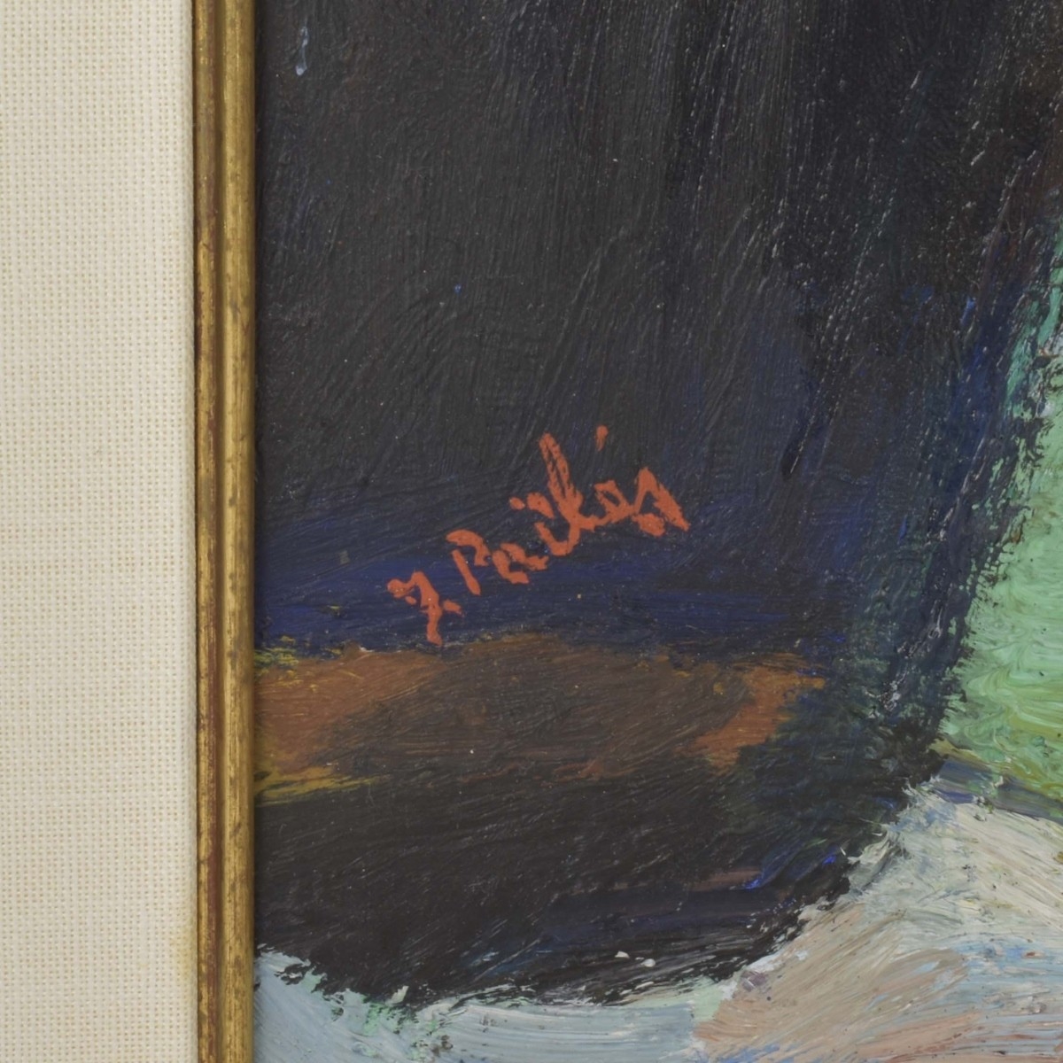 A vibrant, expressionist portrait of a seated figure holding a stringed instrument against a bold, abstract background.