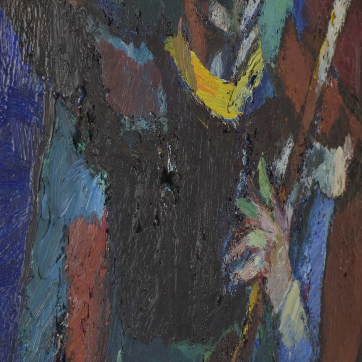 A vibrant, expressionist portrait of a seated figure holding a stringed instrument against a bold, abstract background.