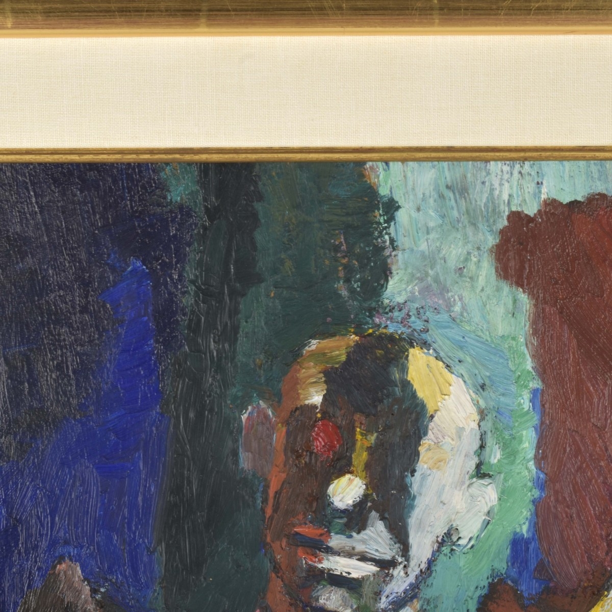 A vibrant, expressionist portrait of a seated figure holding a stringed instrument against a bold, abstract background.