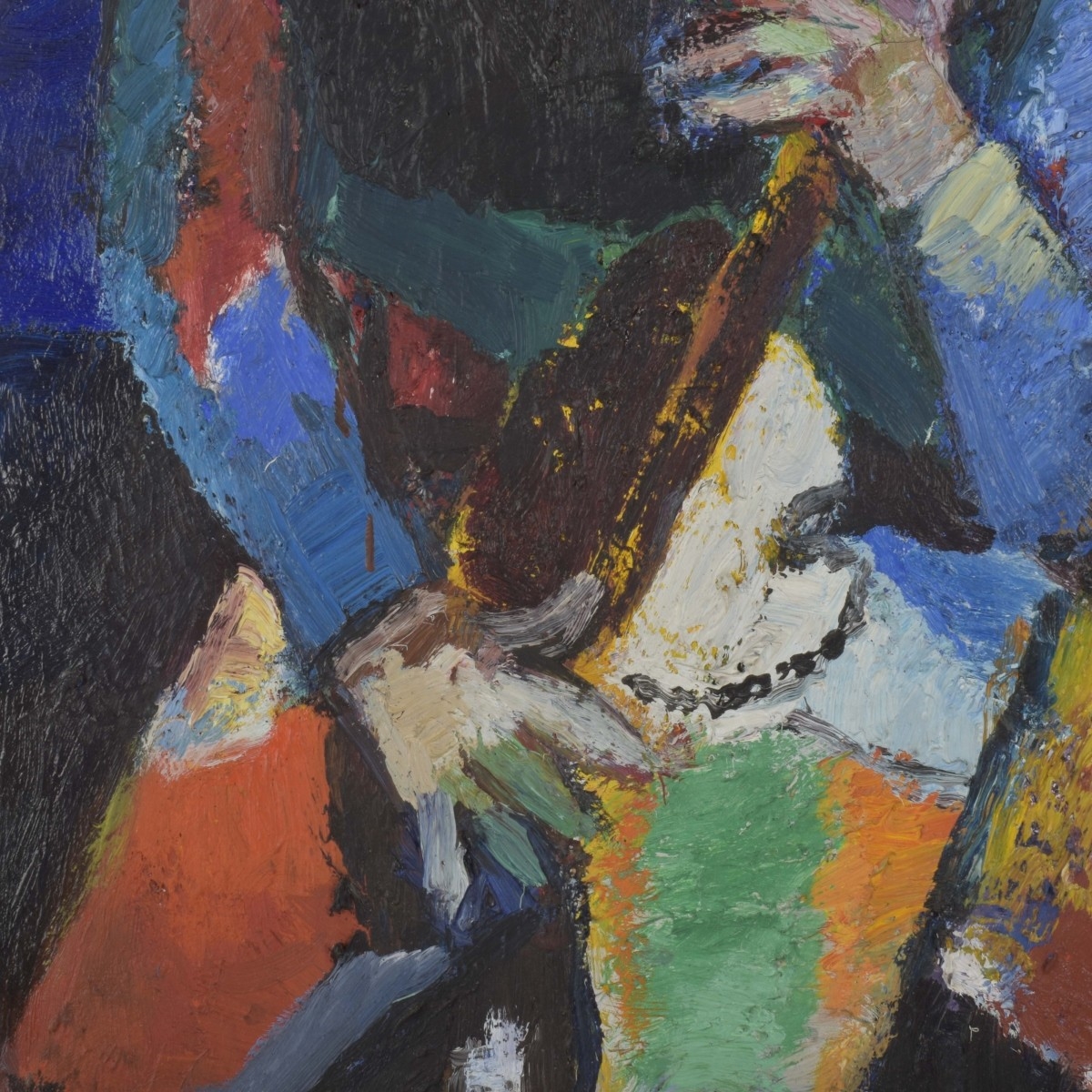 A vibrant, expressionist portrait of a seated figure holding a stringed instrument against a bold, abstract background.