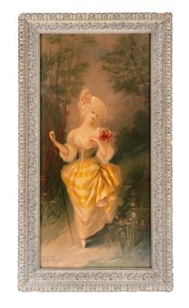 A romanticized portrait of a figure in a yellow dress holding flowers, framed by an ornate border.