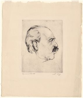 A profile portrait of a bearded man rendered in etching on textured paper.
