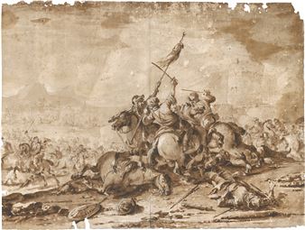 A dynamic battle scene in sepia tones featuring a central figure on horseback raising a flag amidst chaos.