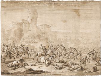A chaotic battle scene rendered in sepia tones, depicting a medieval conflict with knights and fallen soldiers.