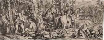 A detailed black-and-white woodcut print depicting a medieval hunting scene with riders, dogs, and forest figures.