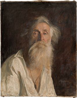 "A contemplative portrait of an elderly figure with a long white beard and disheveled hair, rendered in loose, expressive brushwork against a dark background."