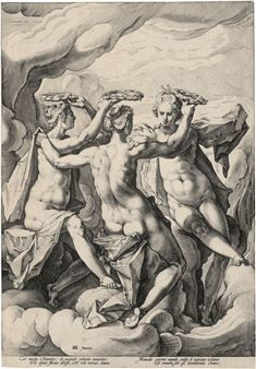A dramatic engraving of three muscular figures carrying a heavy burden on their heads.