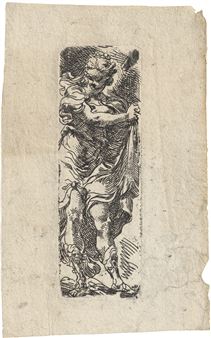 A black-and-white etching of a winged figure embracing a smaller, draped figure.