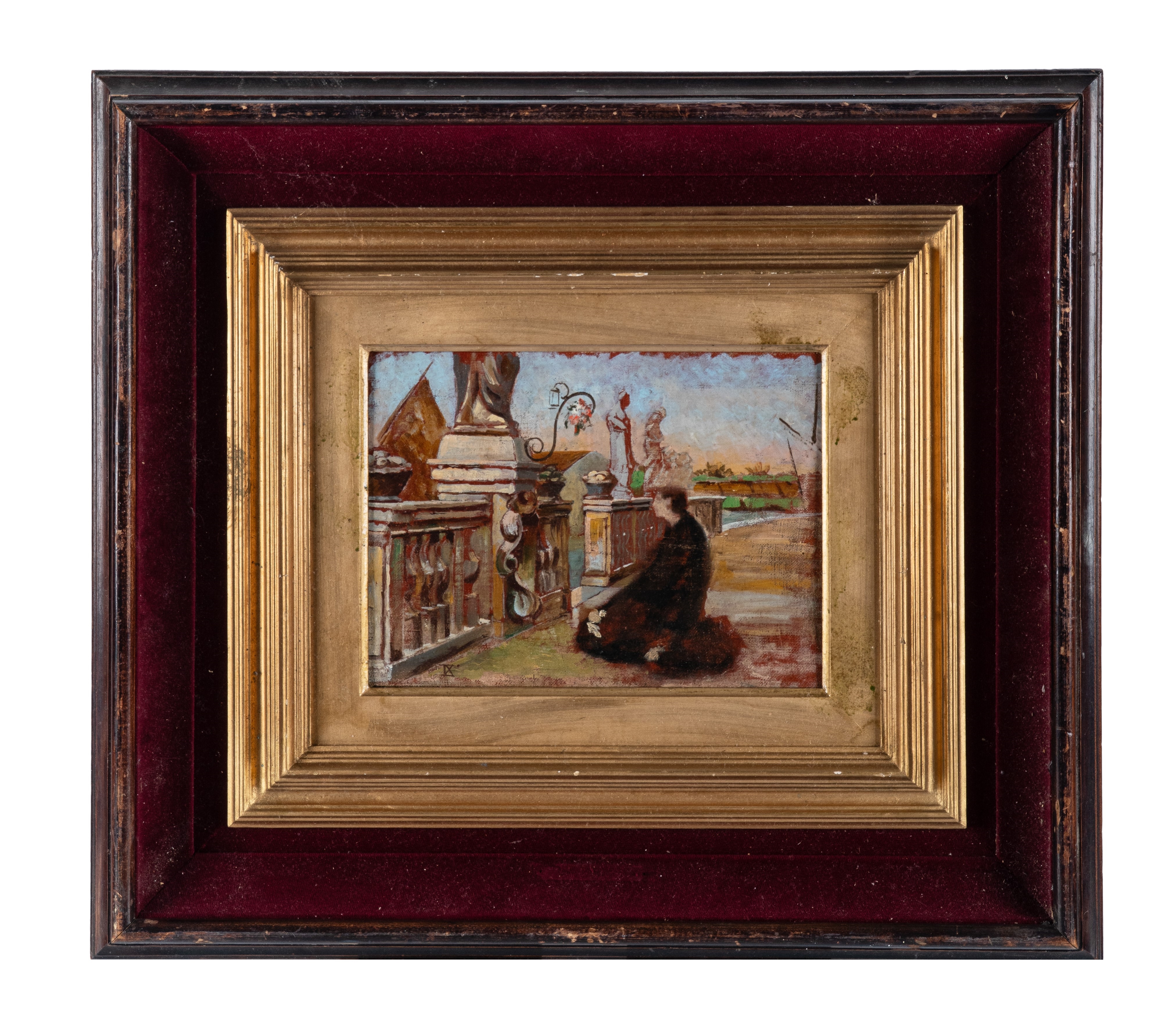 A small framed painting of a figure seated near an ornate fountain in a park setting.