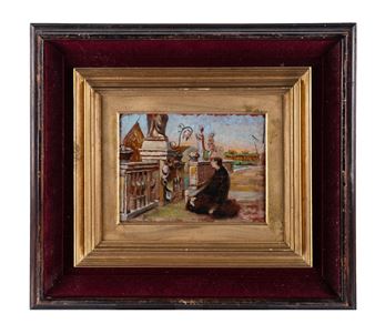 A small framed painting of a figure seated near an ornate fountain in a park setting.