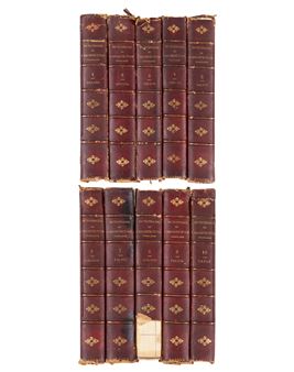 A set of ten antique leather-bound books arranged in two rows against a white background.