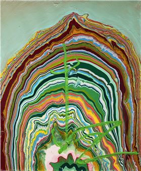A colorful abstract painting featuring a layered arch and a green plant.