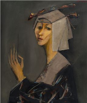 A portrait of a figure in a cap, rendered with expressive brushwork and muted tones.