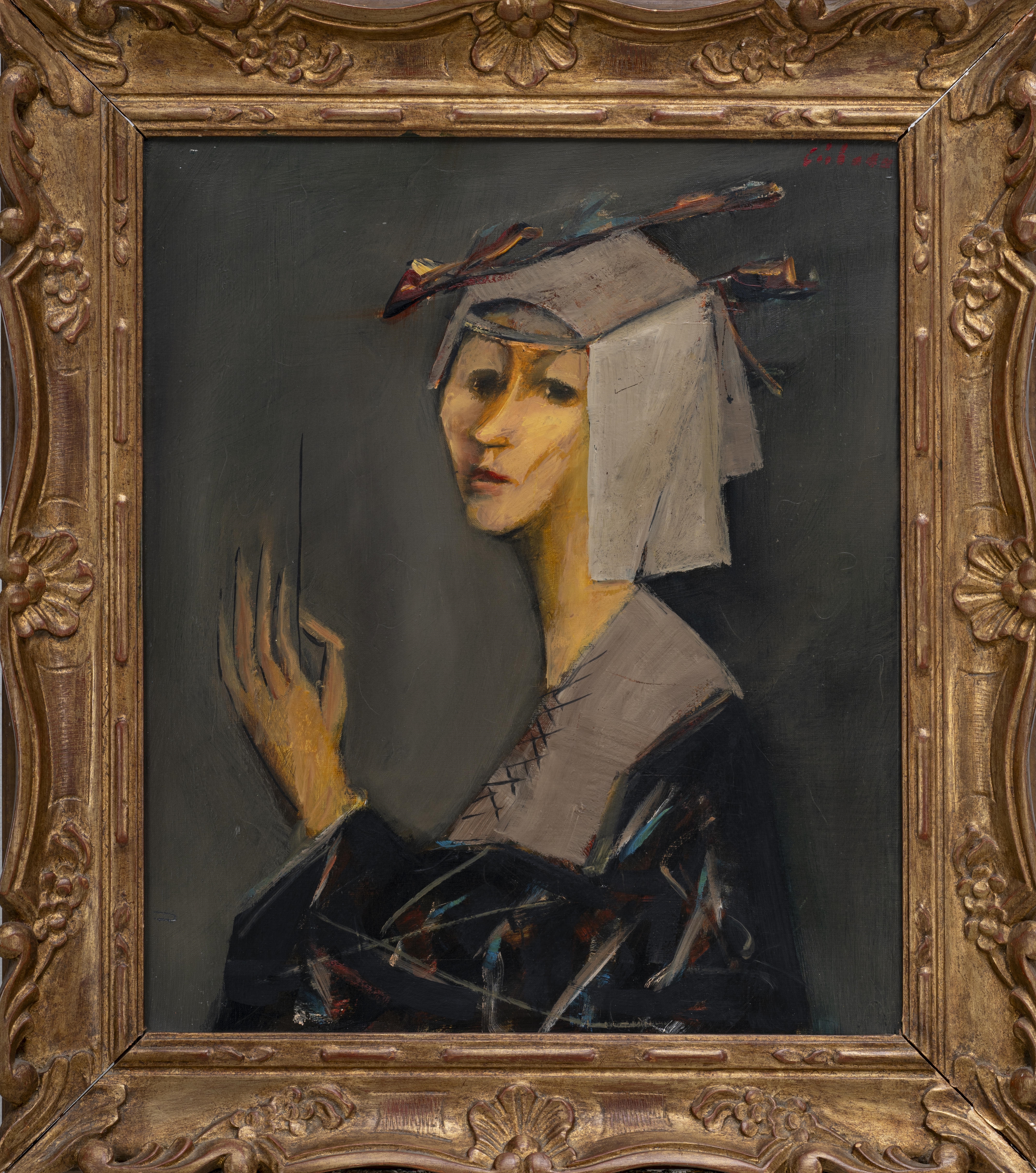 A portrait of a figure in a cap, rendered with expressive brushwork and muted tones.