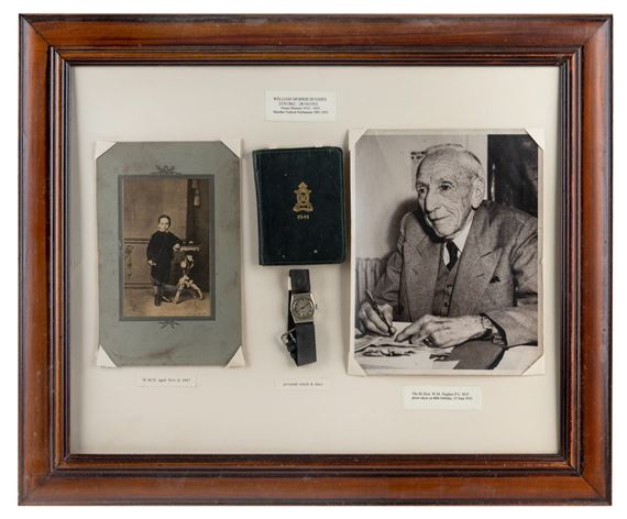 BILLY HUGHES (7th Australian Prime Minister) framed display featuring an original albumen black and white photograph captioned W.M.H. aged 5yrs in 1867, a 1941 personal diary, his wristwatch and a black and white photograph dated 1952 on the occasion of his 88th birthday - Bill Hughes