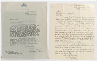 A side-by-side presentation of a typed official letter and a handwritten reply on aged paper.