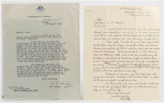 Signed letter on Commonwealth of Australia Department of the Navy letterhead, dated 15th August 1941 - Bill Hughes