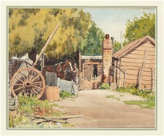 A rustic watercolor scene of a quiet farmyard with horses, a large wagon wheel, and wooden structures.