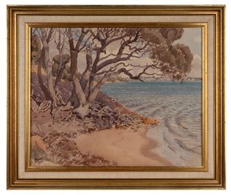 A serene coastal landscape painting featuring gnarled trees and a calm sea.