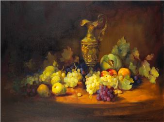 "A classical still life painting featuring a golden pitcher and an abundant arrangement of fruits and grapes."