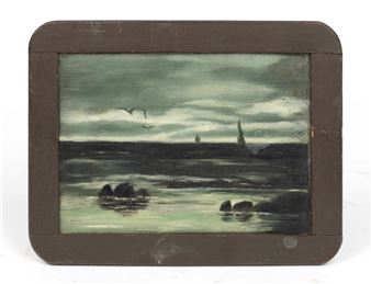 Tasmanian coastal scene, painted on slate with timber mounting - Amelia Burrows