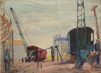 An industrial construction scene featuring cranes, workers, and machinery under a pale sky.