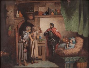 A medieval knight stands in a dimly lit room with two figures and a reclining woman, surrounded by pottery and shelves.